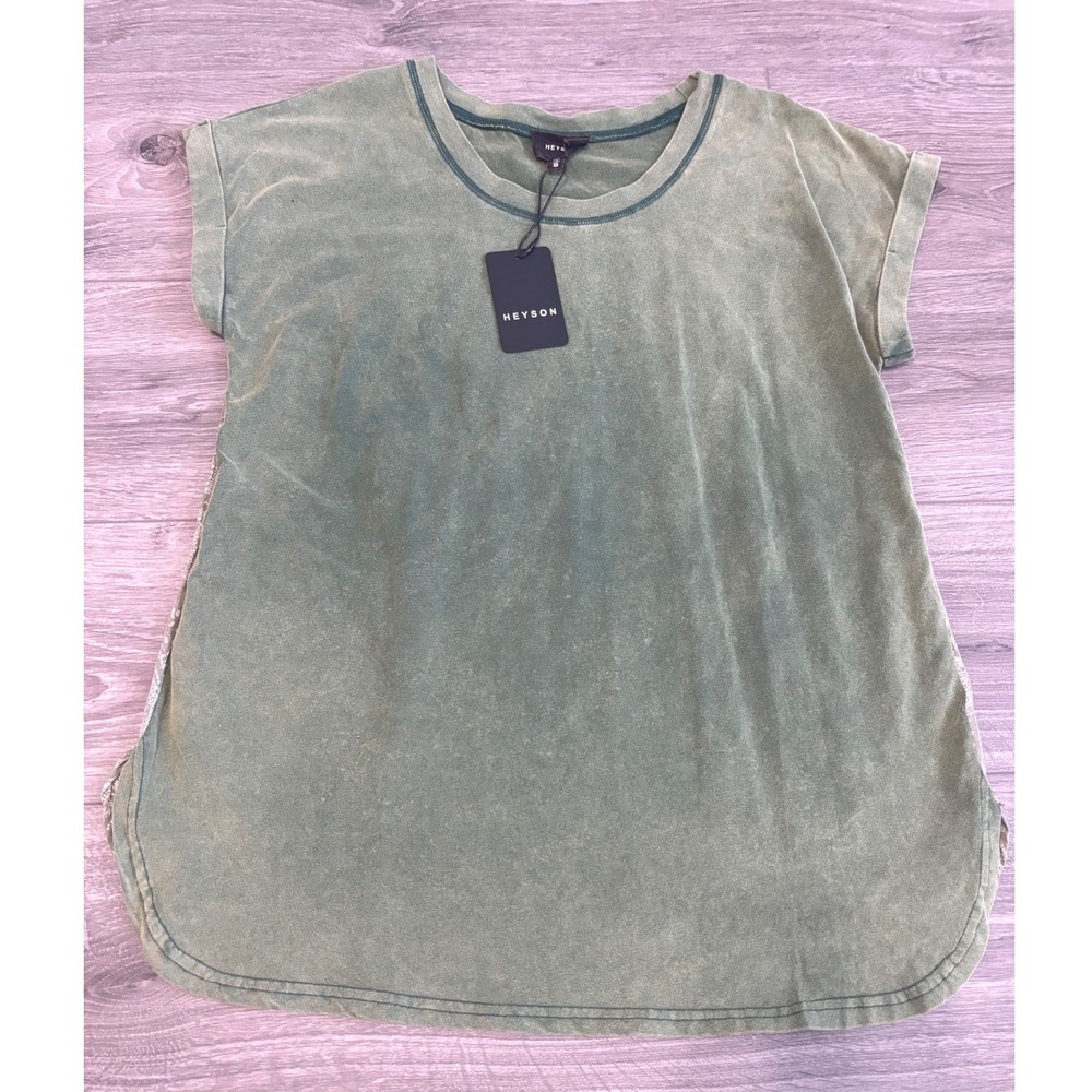 Heyson Top Small Oversized‎ Short Sleeve Olive Green Tunic Paisley Back Concert